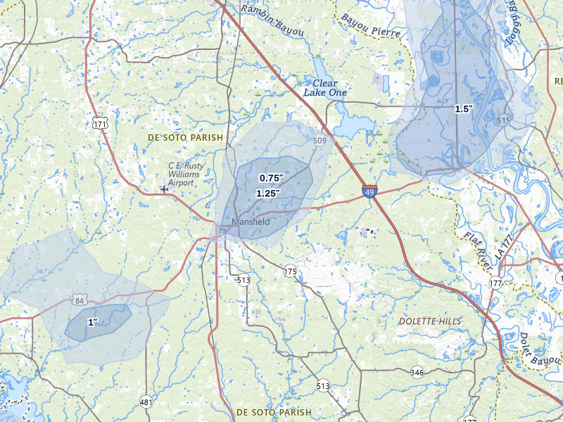NEXRAD radar-signature map of the hail storm over Mansfield, LA on Jul 6, 2026