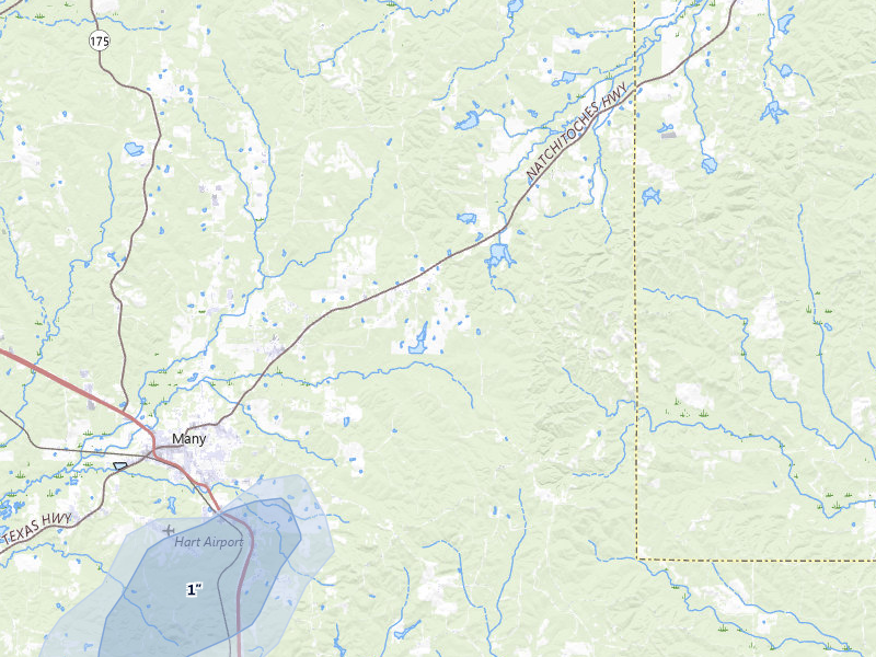 NEXRAD radar-signature map of the hail storm over Many, LA on Aug 23, 2026