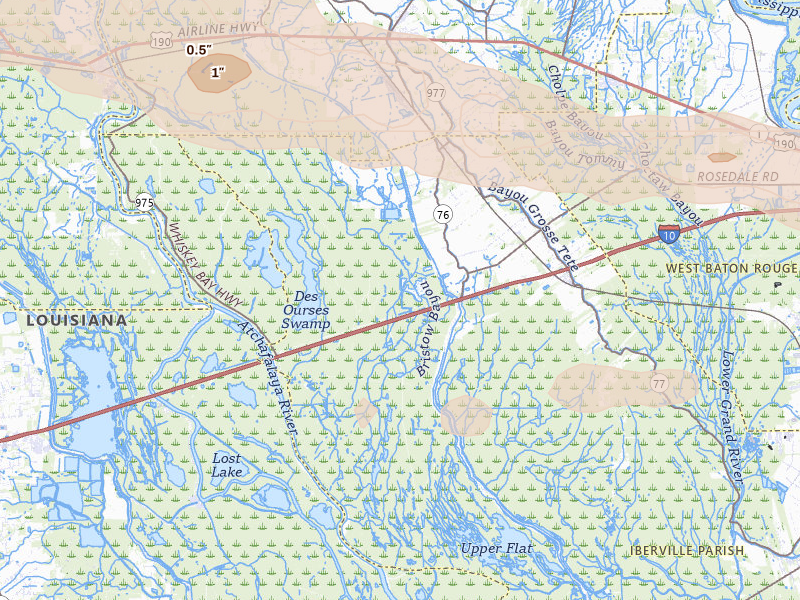 Radar-estimated hail-size map of the storm over Maringouin, LA on May 8, 2026