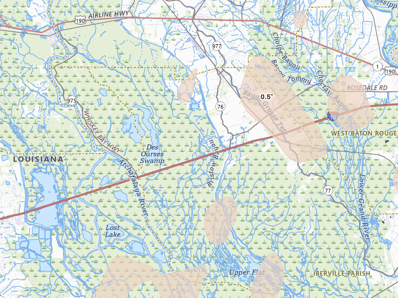 Radar-estimated hail-size map of the storm over Maringouin, LA on Jul 5, 2026