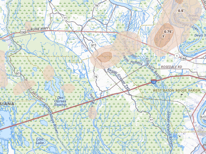Radar-estimated hail-size map of the storm over Maringouin, LA on Aug 21, 2026