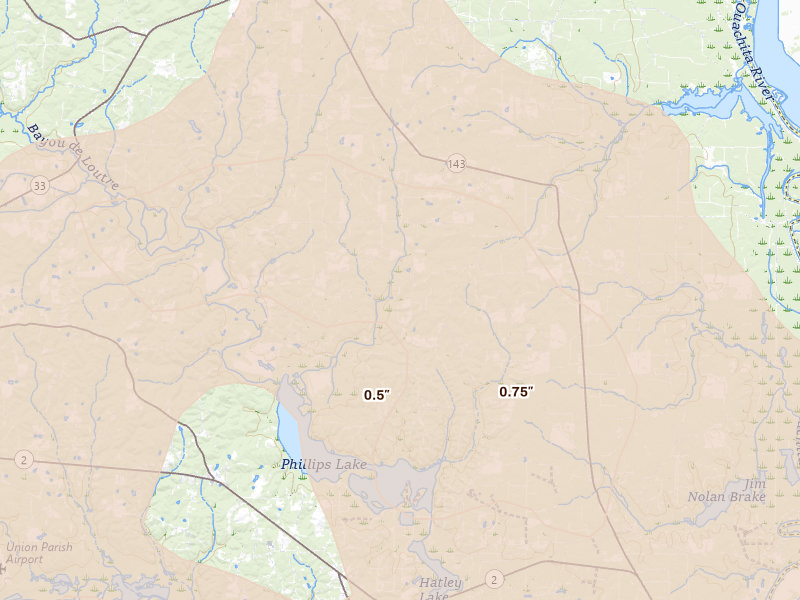 Radar-estimated hail-size map of the storm over Marion, LA on Apr 25, 2026