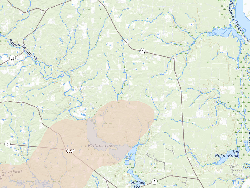Radar-estimated hail-size map of the storm over Marion, LA on Apr 28, 2026