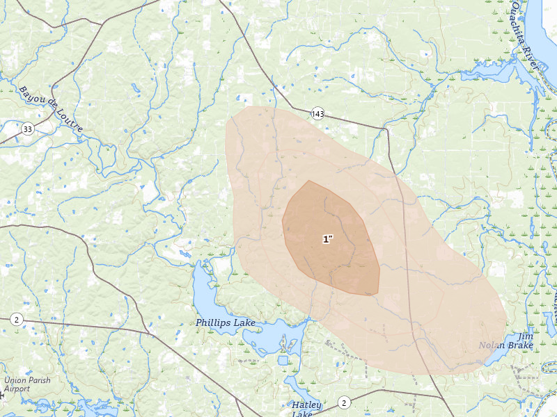 Radar-estimated hail-size map of the storm over Marion, LA on May 10, 2026