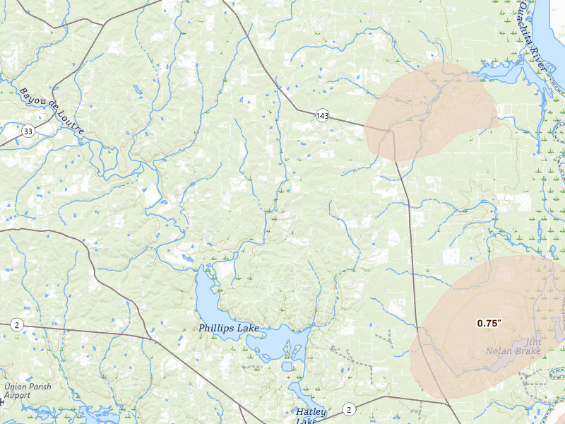 Radar-estimated hail-size map of the storm over Marion, LA on May 22, 2026