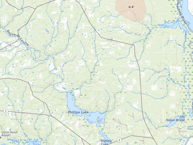 Radar-estimated hail-size map of the storm over Marion, LA on Jul 1, 2026