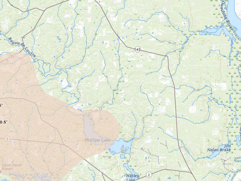 Radar-estimated hail-size map of the storm over Marion, LA on Jul 4, 2026