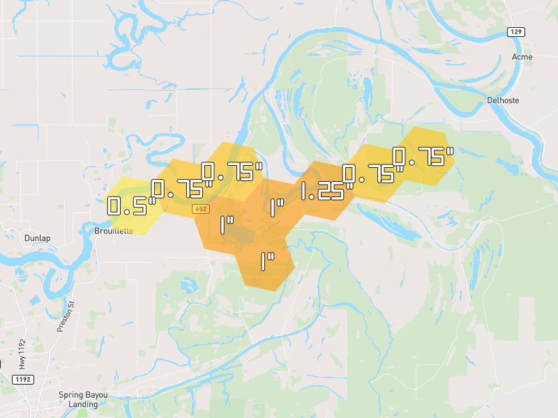 Hail map of Marksville, LA on Jul 1, 2026, hail up to 1.25"