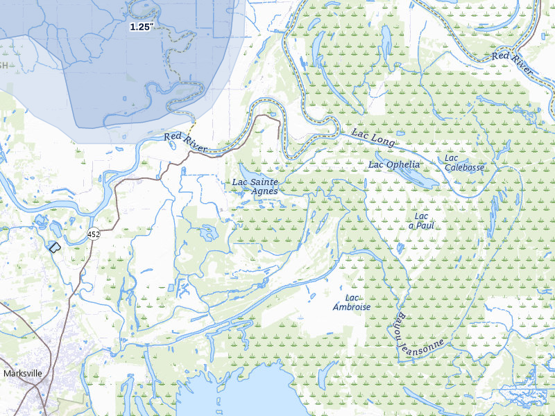 NEXRAD radar-signature map of the hail storm over Marksville, LA on Jul 7, 2026