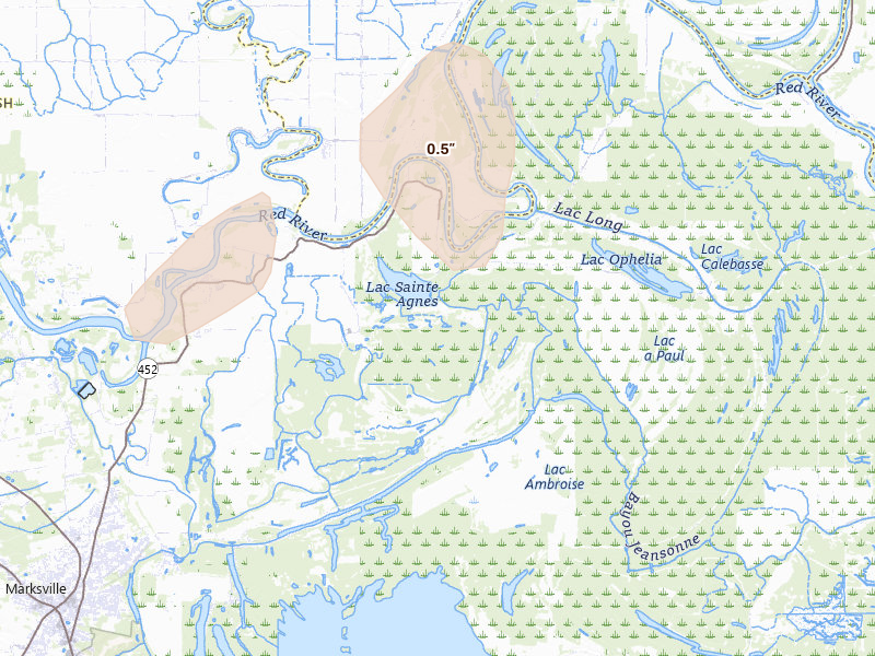 Radar-estimated hail-size map of the storm over Marksville, LA on Jul 21, 2026