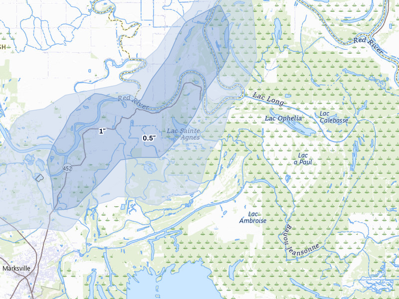 NEXRAD radar-signature map of the hail over Marksville, LA