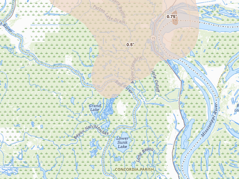 Radar-estimated hail-size map of the storm over Marksville, LA on Aug 21, 2026