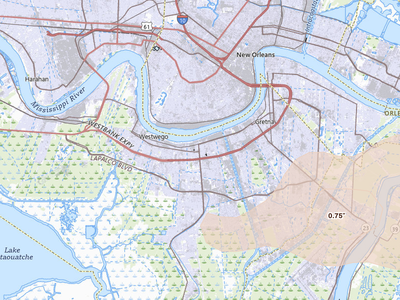 Radar-estimated hail-size map of the storm over Marrero, LA on Mar 15, 2026