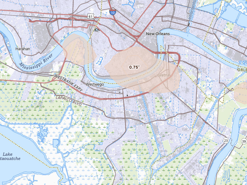 Radar-estimated hail-size map of the storm over Marrero, LA on Aug 21, 2026