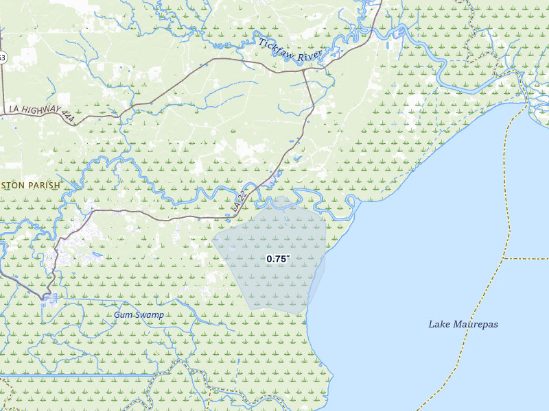 NEXRAD radar-signature map of the hail storm over Maurepas, LA on May 8, 2026