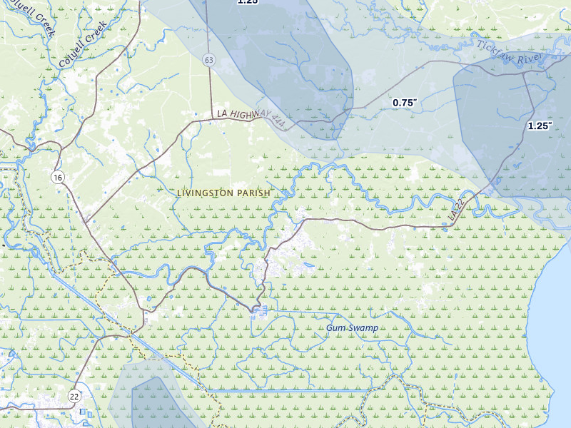 NEXRAD radar-signature map of the hail storm over Maurepas, LA on Aug 21, 2026