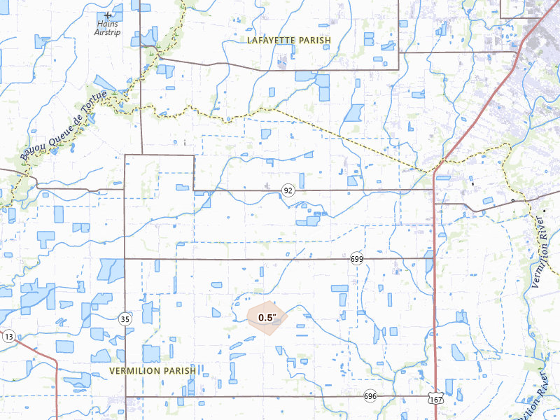 Radar-estimated hail-size map of the storm over Maurice, LA on Jun 2, 2026