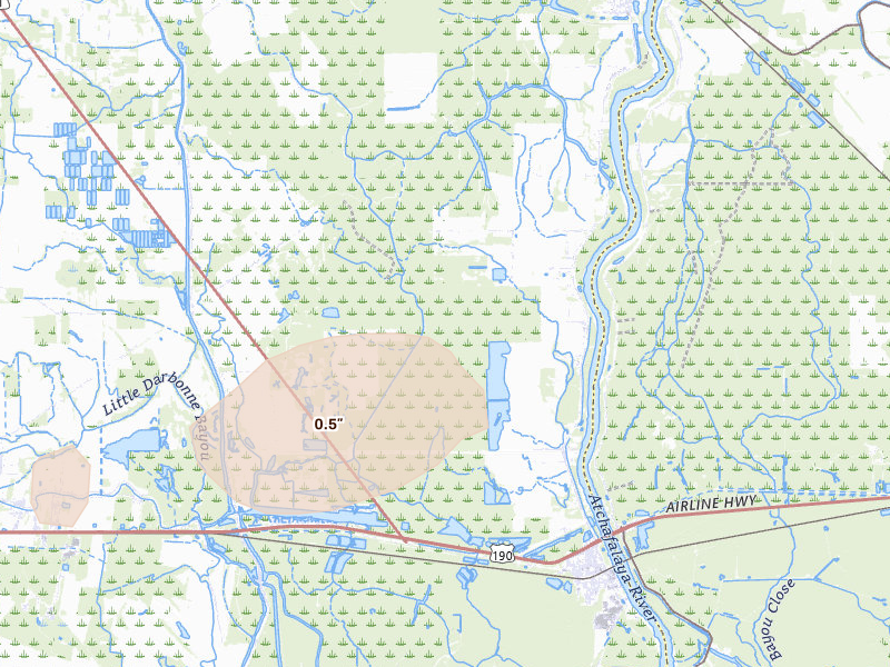 Radar-estimated hail-size map of the storm over Melville, LA on Mar 15, 2026