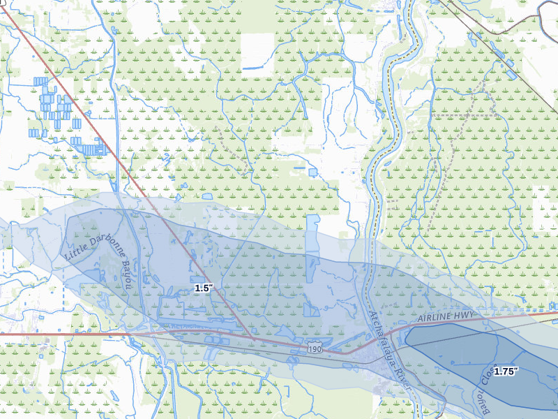 NEXRAD radar-signature map of the hail storm over Melville, LA on May 8, 2026