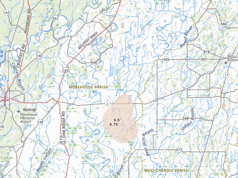 Radar-estimated hail-size map of the storm over Mer Rouge, LA on Jul 4, 2026