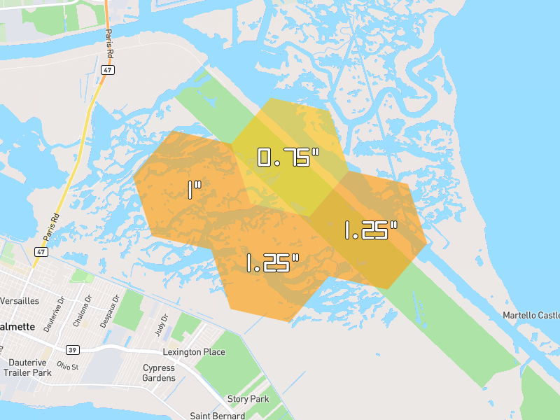 Hail map of Meraux, LA on Jun 1, 2026, hail up to 1.25"