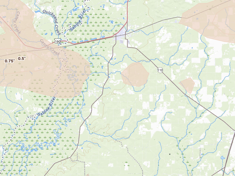 Radar-estimated hail-size map of the storm over Merryville, LA on Apr 29, 2026