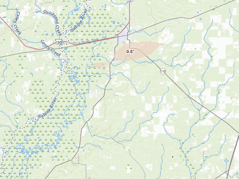 Radar-estimated hail-size map of the storm over Merryville, LA on May 7, 2026
