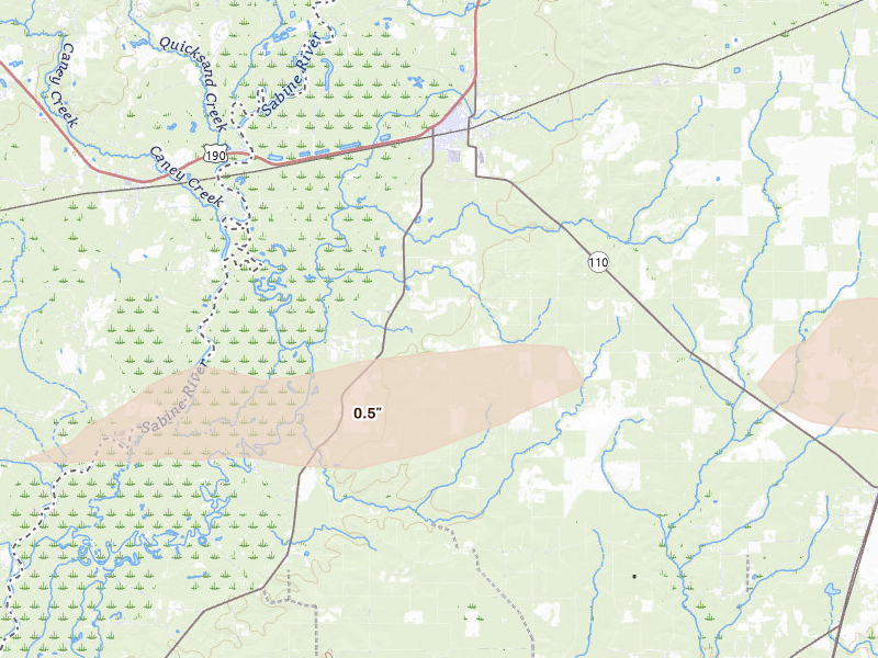 Radar-estimated hail-size map of the storm over Merryville, LA on May 8, 2026