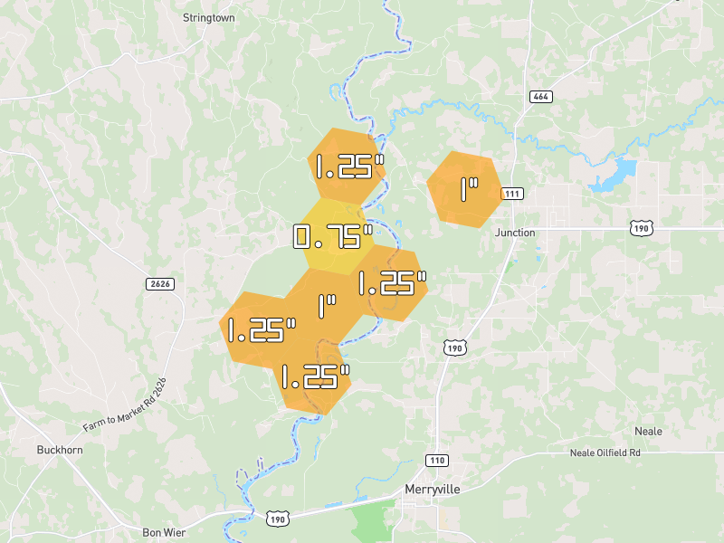 Hail map of Merryville, LA on Jul 1, 2026, hail up to 1.25"