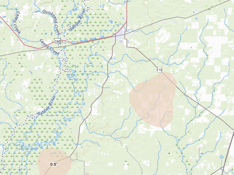 Radar-estimated hail-size map of the storm over Merryville, LA on Jul 5, 2026