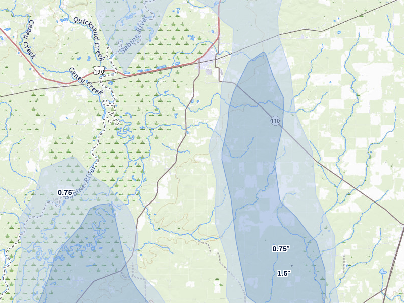NEXRAD radar-signature map of the hail storm over Merryville, LA on Jul 5, 2026