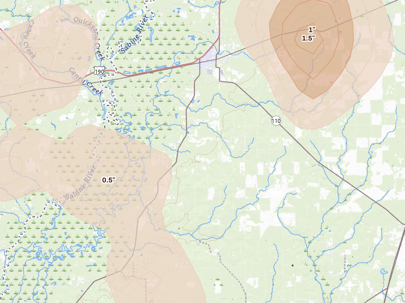 Radar-estimated hail-size map of the storm over Merryville, LA on Jul 7, 2026