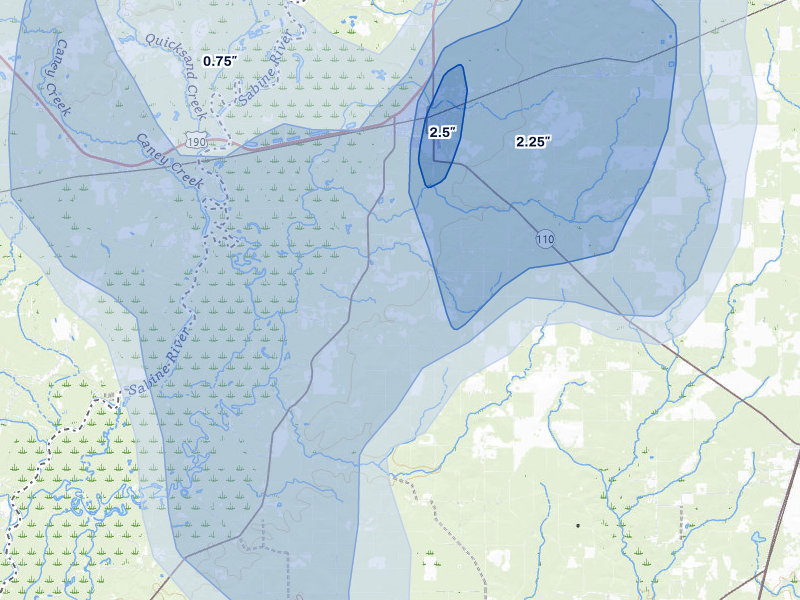 NEXRAD radar-signature map of the hail storm over Merryville, LA on Jul 7, 2026