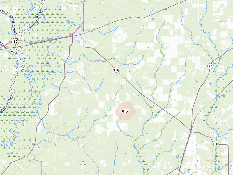 Radar-estimated hail-size map of the storm over Merryville, LA on Aug 8, 2026