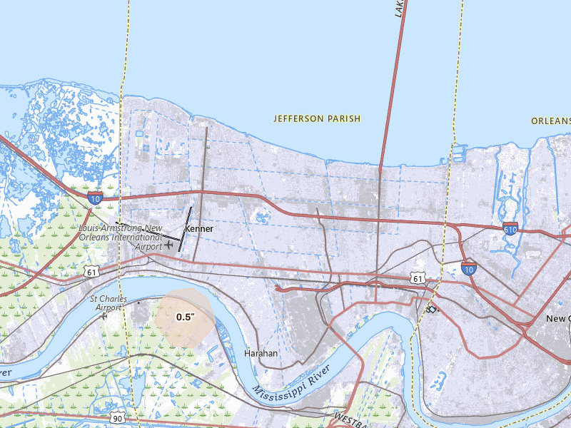 Radar-estimated hail-size map of the storm over Metairie, LA on Jul 8, 2026