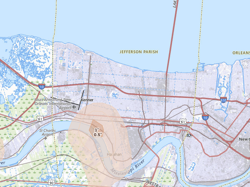 Radar-estimated hail-size map of the storm over Metairie, LA on Aug 24, 2026