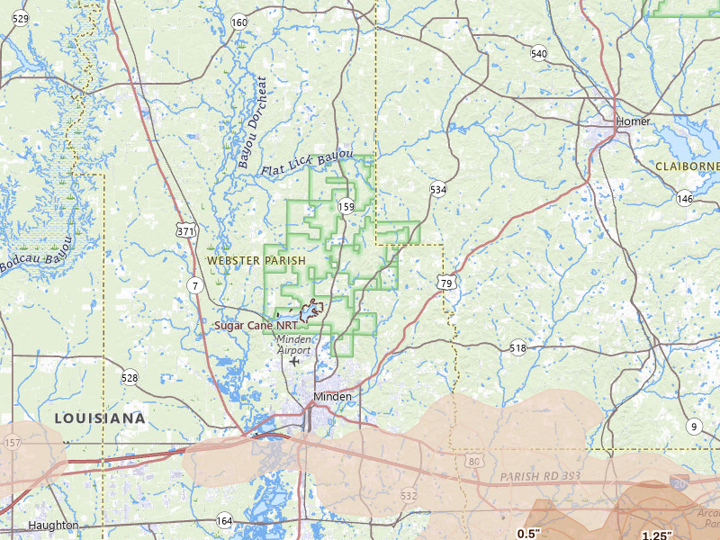 Radar-estimated hail-size map of the storm over Minden, LA on Mar 15, 2026