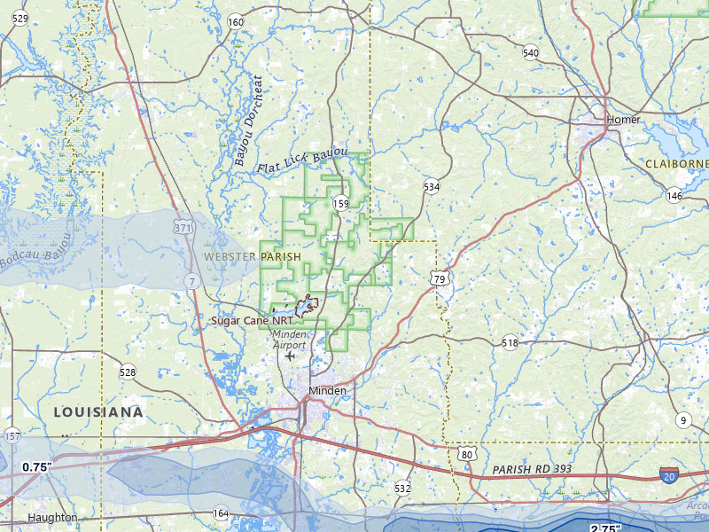 NEXRAD radar-signature map of the hail over Minden, LA
