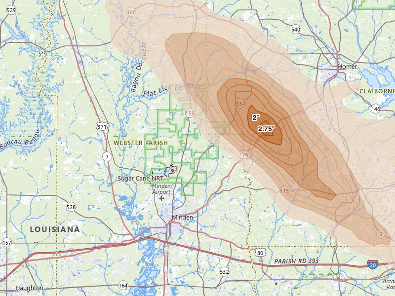 Radar-estimated hail-size map of the storm over Minden, LA on Apr 25, 2026
