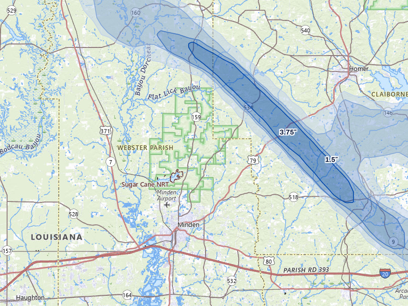 NEXRAD radar-signature map of the hail over Minden, LA