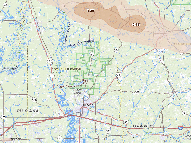 Radar-estimated hail-size map of the storm over Minden, LA on Apr 29, 2026