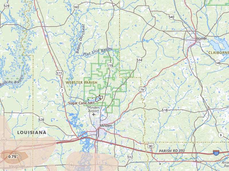 Radar-estimated hail-size map of the storm over Minden, LA on May 8, 2026