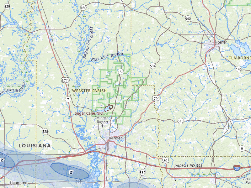 NEXRAD radar-signature map of the hail storm over Minden, LA on May 8, 2026