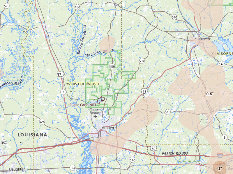 Radar-estimated hail-size map of the storm over Minden, LA on Jun 2, 2026