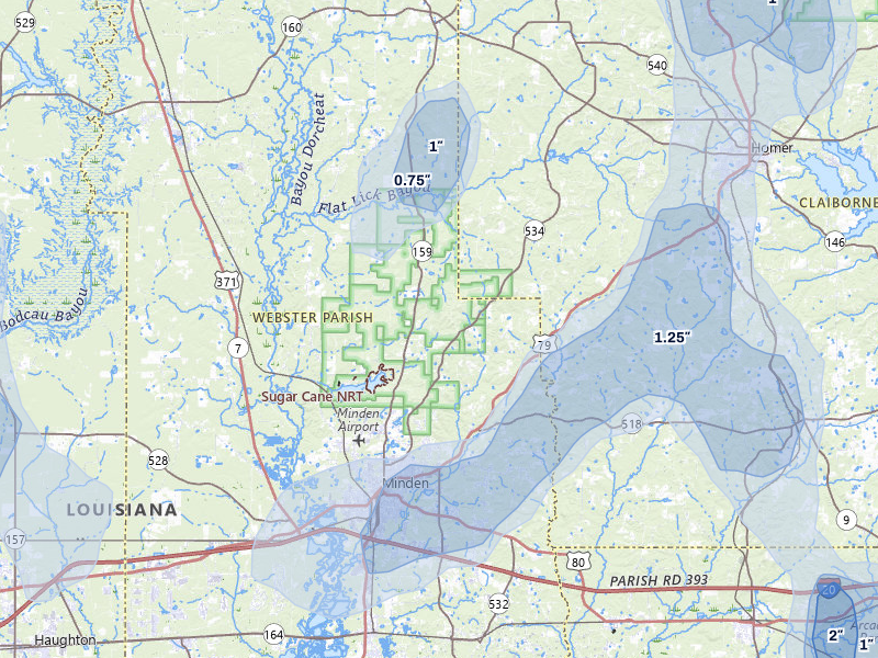 NEXRAD radar-signature map of the hail over Minden, LA
