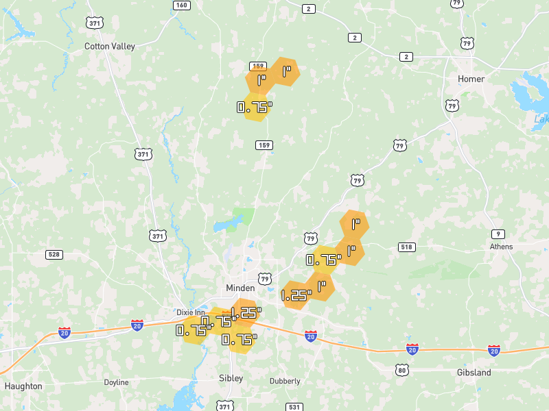 Hail map of Minden, LA on Jun 2, 2026, hail up to 1.25"
