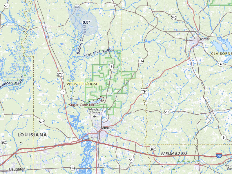 NEXRAD radar-signature map of the hail over Minden, LA