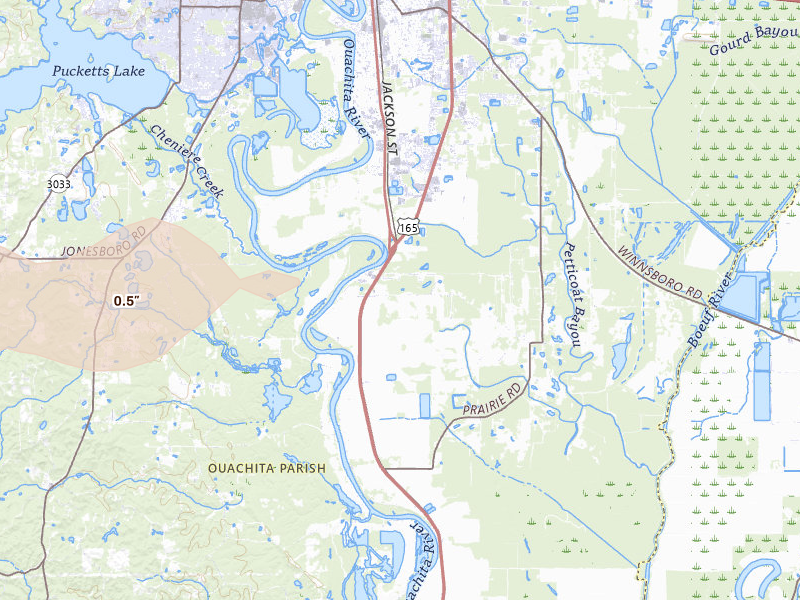Radar-estimated hail-size map of the storm over Monroe, LA on Mar 15, 2026