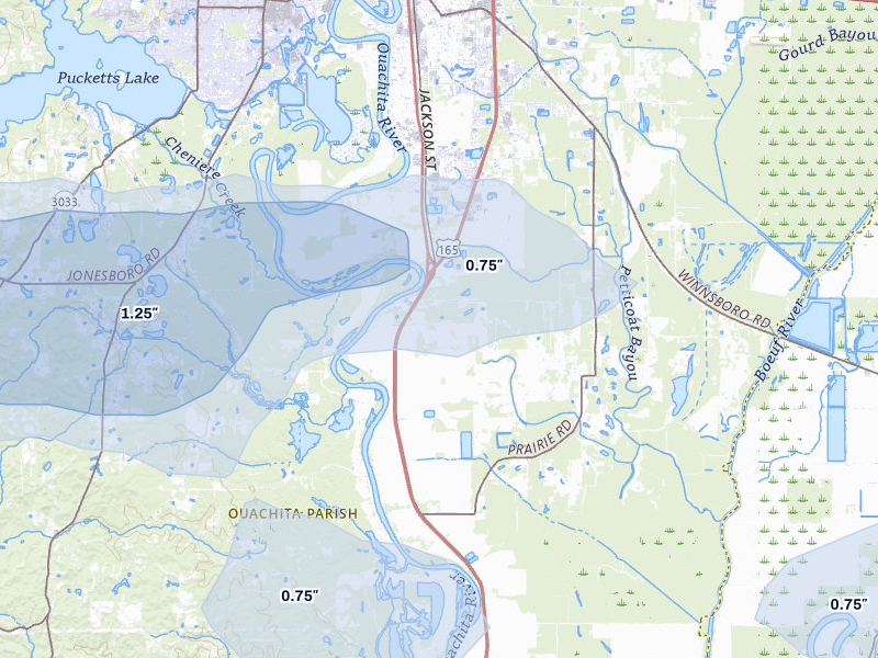 NEXRAD radar-signature map of the hail over Monroe, LA