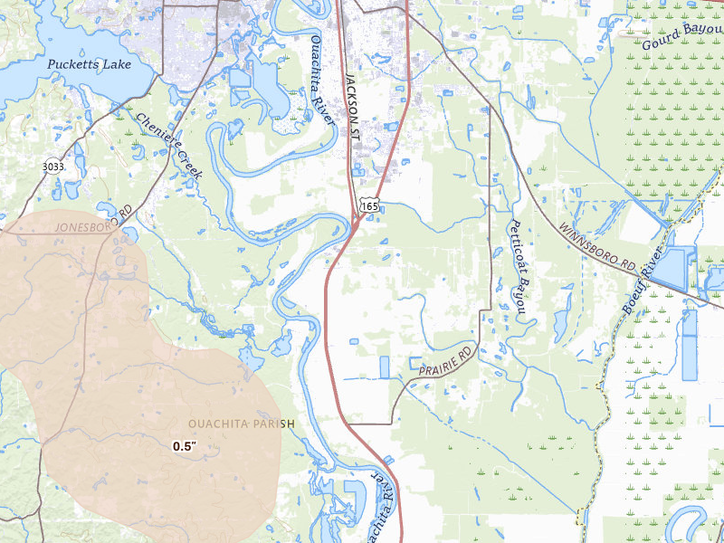 Radar-estimated hail-size map of the storm over Monroe, LA on Apr 25, 2026